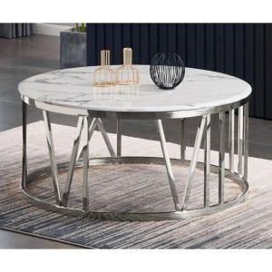 Table Basse ATMOS Ronde Plateau Verre Tremp&eacute; Marbr&eacute; Blanc Pieds Chrome D80x45cm