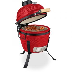 Relaxdays Barbecue Kamado, Ø 26 cm, Grill japonais céramique avec thermomètre 450°C, grillade, fumoir, couvercle, rouge