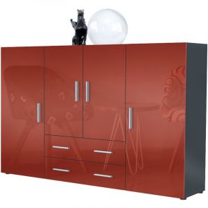Vladon - Buffet haut Commode Nora Anthracite mat en Décor Naturel - Haute brillance - Portes en Bordeaux laqué haute brillance - Portes en Bordeaux