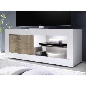 Price Factory - Meuble tv 1 porte, collection cisa, coloris blanc laqué brillant et chêne clair - Blanc