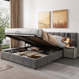 Lit 140x200cm, lit coffre rembourré, liseuse + USB, lit double adulte, tête de lit large, velours, sans table de chevet, sans matelas, gris