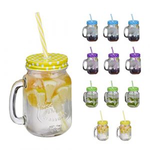 Relaxdays Jarres avec Paille et Couvercle, en Lot de 12, Volume : 500 ML, Design rétro, Verre avec Anse, Multicolore