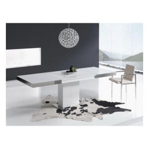 Table repas extensible INTEMPO 10 couverts 160/254x90cm pied bois plateau verre blanc