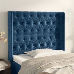 Image de VidaXL T&ecirc;te de Lit avec Oreilles Meuble de Chambre &agrave; Coucher Accessoire de Lit Simple T&ecirc;te de Cadre de Lit Bleu Fonc&eacute; 103x16x118/128 cm Velours