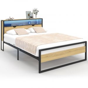 Idmarket Lit double detroit led intégrés dans la tête de lit et sommier 140 x 190 cm effet bois et métal noir design industriel