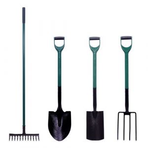 Image de Monmobilierdesign GARDEN Lot d'outils de jardinage Pelle ronde + fourche à bêcher + bêche + râteau