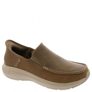 Skechers Pour homme. Pantoufles en cuir marron ? enfiler