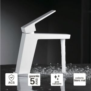 Robinet Mitigeur de Lavabo anti-calcaire Bec Bas Blanc Mat IMEX ART BDAR025-1BL