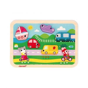 Janod Chunky Puzzle Les Véhicules - Bois FSC - 7 pièces - Développement Motricité Fine,Concentration et Imagination - Dès 18 Mois,J07124