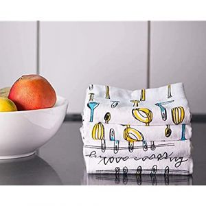 Penguin Home Fouta Style Cuillère Designs Lot de 4 Torchons Éponge, Blanc/Jaune/Bleu 3508