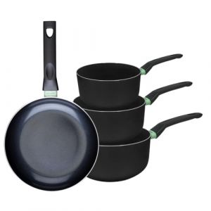 Fackelmann 9430250 Ensemble de 1 poêle de 24 cm et 3 casseroles 16, 18 et 20 cm, revêtement céramique antiadhésif, sans PFAS, tous feux, induction, four, Aluminium, Noir, Vert, 16, 18 et 20 cm