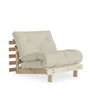 Fauteuil convertible 90x200cm en bois naturel et tissu beige