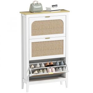 Homcom Meuble chaussures - 21 paires - 3 tiroirs rabattables portes effet cannage - panneau de particules - 80x24x131cm - blanc