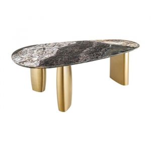 Table de salle &agrave; manger NERA &ndash; Ovale 200 cm &ndash; Plateau marbre gris &ndash; Pieds m&eacute;tal or &ndash; Style chic