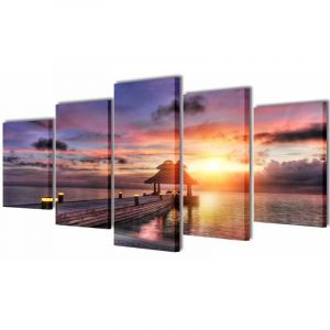 VidaXL Set de Toiles Murales Imprim&eacute;es Plage avec Pavillon 100 x 50 cm