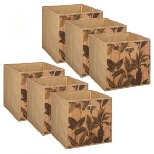 Lot de 6 Boîtes de rangement imprimé tropical en bambou et tissu - Longueur/Largeur/Hauteur 31 cm - Marron
