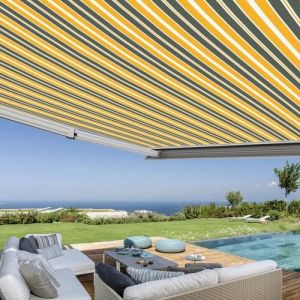 Store banne coffre intégral 3,5 x 3 m motorisé et manuel extérieur pour terrasse - Gris jaune