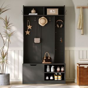 Vestiaire d'entrée moderne 100x40x185.4cm - 6 crochets et 1 porte - 4 étagères ouvertes - Noir