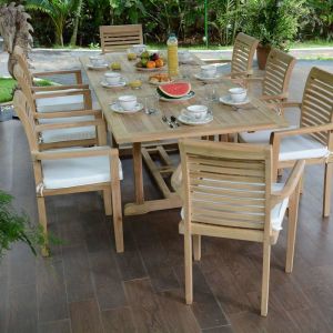 Teck'Attitude Salon de jardin en teck Ecograde© Kingston, table extensible 1.80 à 2.40 m + 8 fauteuils Samoa