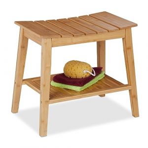 Relaxdays Tabouret de Salle de Bain avec étagère, Banc en Bambou, HxLxP: 45x51,5x34 cm, Couloir & Salle de Bain, Nature