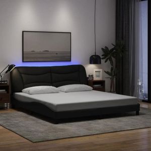 VidaXL Cadre de Lit avec Lumières LED, Lit Rembourré avec Coussin de Tête de Lit, Lit Double, Lit Adulte Chambre, Moderne, Noir 180x200 cm Tissu