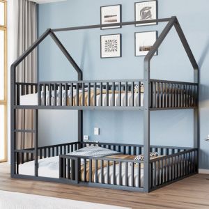 Lit superposé enfant 140x200cm - Avec escalier - Avec petite porte - Métal - Noir (matelas non inclus)