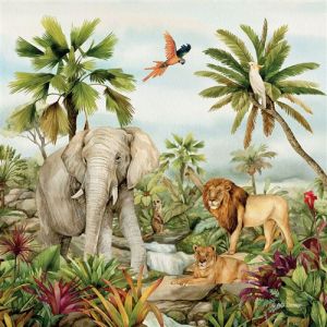AG ART Coussin - Les animaux de la jungle elephant, lion, perroquet - en couleur - 40 cm x 40 cm