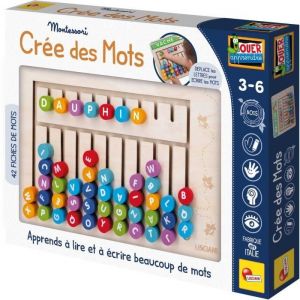 Lisciani Giochi Montessori Crée des Mots - Jeu Montessori pour Apprendre à Lire et Ecrire pour Enfants dès 3 Ans - 42 Fiches Lecture avec Lettres en Bois + Tableau - Jeu Alphabet Éducatif