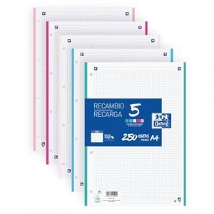 Oxford Lot de 250 feuilles quadrillées perforées A4 de rechange, quadrillage 5 x 5, 4 trous, 5 couleurs de bande pastel, 250 feuilles