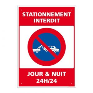 Panneau de signalisation pr&eacute;perc&eacute; PVC ou ALU rectangulaire + kit de fixation - Stationnement interdit, jour & nuit 24h/24 - ALU 2 mm - 210 x 300 mm