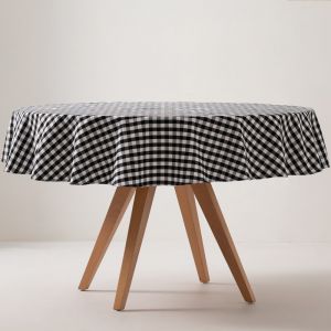 Nappe ronde en coton antitache tissu &agrave; carreaux noir 160x160cm