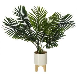 Palmier Artificiel dans un Pot Céramique sur Pied en Bois H72cm - Blanc|Vert