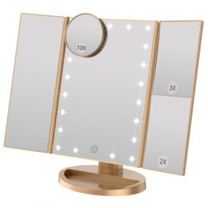 WEILY Miroir de Maquillage, 21 LED et grossissement 2X/ 3X, Interrupteur Tactile pour régler la luminosité, Mode d'alimentation Double Miroir à Trois Volets (Or)