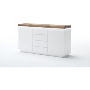 Image de Pegane Buffet LED laqué blanc mat avec plateau en chêne noueux huilé - L150 x H81 x P40 cm