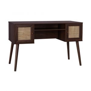 Sweeek - Bureau cannage et décor bois foncé avec 2 portes, 1 casier ouvert, pieds compas