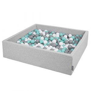 KiddyMoon Piscine À Balles 120X30cm/200 Balles Grande Carré pour Bébé, Fabriqué en UE, Gris Clair:Blanc-Gris-Turquoise Clair