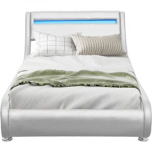 Lit ava pour matelas 120x190-Sommier+Tête de Lit eclairage LED Incurve Couleur BLANC+Pieds en 5cm pour matelas-13 Lattes