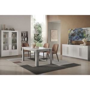Ensemble S&eacute;jour Complet Blanc et Marbre Table 190cm + Buffet + Vitrine avec Leds - CLARK - ALTOBUY