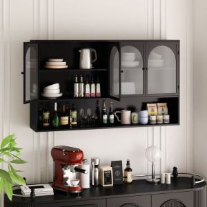 Armoires de cuisine 120CM, armoire de rangement en verre arquée à 4 portes, convient pour la cuisine, le salon et la salle de bain, noir