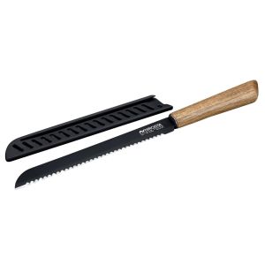 Nirosta 41874 Couteau à Pain 33,5 cm, Lame Crantée Acier Inoxydable Revêtement Antiadhésif sans PFAS, Coupe Pains Brioches Gâteaux, Manche Bois Acacia Certifié FSC, Protège-Lame PP recyclé, Noir