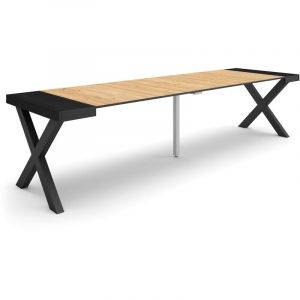 Table console extensible, Console meuble, 300, Pour 14 personnes, Pieds bois massif, Style moderne, Noir et ch&ecirc;ne - Skraut Home