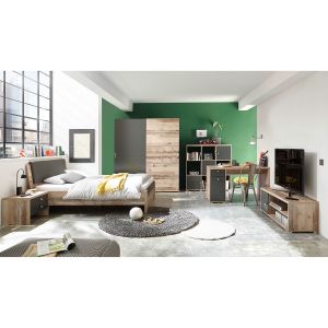 Emob Armoire Moleskin en panneaux de particules, d&eacute;cor anthracite et ch&ecirc;ne clair, avec 2 portes coulissantes et poign&eacute;es en corde.