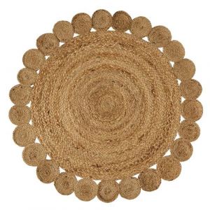 Tapis rond avec pompons moquette carpette en jute tressé coloris naturel - Diamètre 120 x Hauteur 0.5 cm-JUANIO-