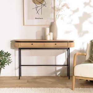 Macabane ETHAN - Console arrondie couleur naturelle 2 tiroirs pieds métal noir
