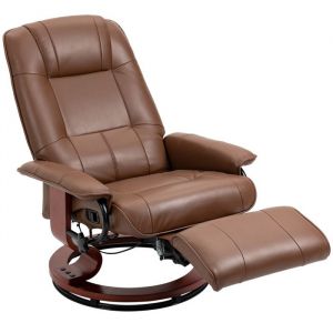 Homcom Fauteuil relax inclinable pivotant repose-pied réglable piètement bois revêtement synthétique marron