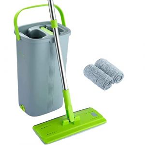 EasyGleam Kit Balai Serpillère & Seau Essoreur - Balai Microfibre Plat avec Manche en INOX, Seau Double Compartiment Humide et à Sec
