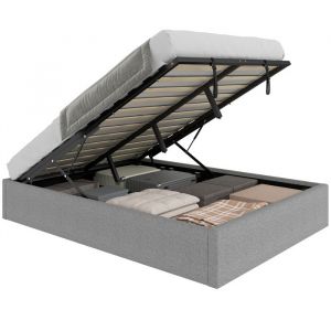 Homcom Lit coffre - 140 x 190 cm - cadre de lit double rembourr&eacute;, sommier &agrave; lattes en bois, rangement cach&eacute;, sans bruit - gris