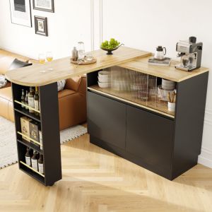 Buffet de cuisine avec table de bar rotative &agrave; 360 degr&eacute;s, 2 portes et 1 &eacute;tag&egrave;re, 90x45x100cm, MDF, noir