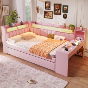 Canap&eacute;-lit capitonn&eacute; 140x200cm - Avec lit gigogne - Avec lumi&egrave;re LED - Avec bureau et port USB - MDF - Rose (matelas non inclus)