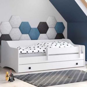 Lit enfant Eryk 180x80 blanc avec tiroir, barri&egrave;re, matelas et sommier, pour chambre d'enfant, poign&eacute;e noire
